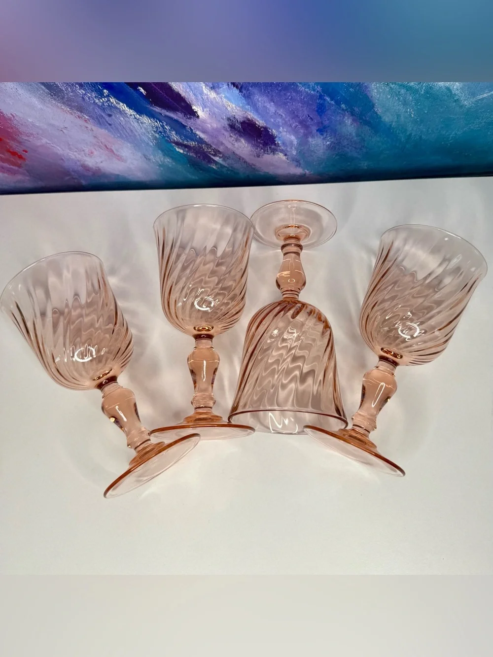 Set of 4 Arcoroc France Rosaline Pink Swirl Wine Water Goblets Stemmed Luminarc